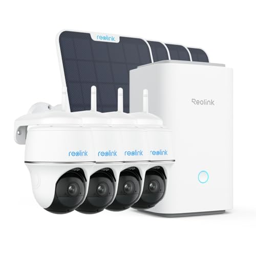 Reolink 2K Überwachungskamera Aussen Set WLAN mit Solar-/Akkubetrieb, lokale Speicherung, 360° Schwenk- & Neigefunktion, IR-Nachtsicht, Home Hub mit 4X Argus PT Lite + Solarpanel 4-Kamera-Se