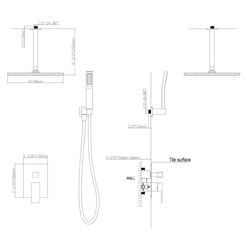 WELLFOR Sistema de ducha de montaje en techo de 12 pulgadas color Níquel cepillado, combinación de ducha de lujo, sistema de lluvia, incluye válvula y grifería miniatura 2
