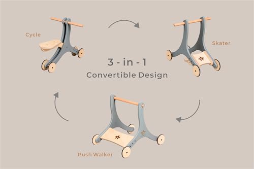 Image of 3-in-1 Convertible Wooden Walker, Cycle & Skater - Multi-Stage Ride-On for Growing Kids (Grey)