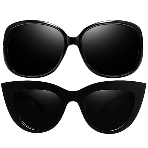 Joopin Oversized Jackie & Round Cateye Sunglasses Bundle, Black Polarized Sun Glasses UV Protection Vintage Ladies Cute Sunnies Retro Shades for Women