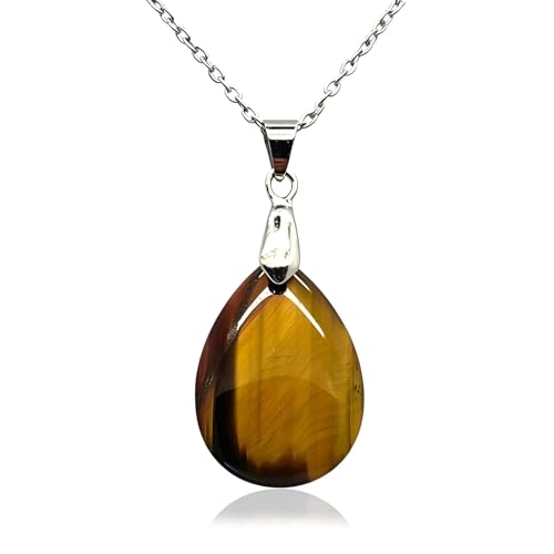 A BUENOS PRECIOS® - Colgante OJO DE TIGRE piedra natural - Collar de acero inoxidable con piedras naturales gota de agua para hombres, mujeres y niños - Amuleto de la suerte (Ojo de Tigre)