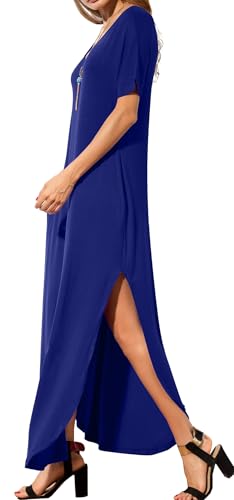 Image of GRECERELLE Women's Summer Maxi Dress Casual Loose V Neck Short Sleeve Side Split Long Dresses with Functional Pockets