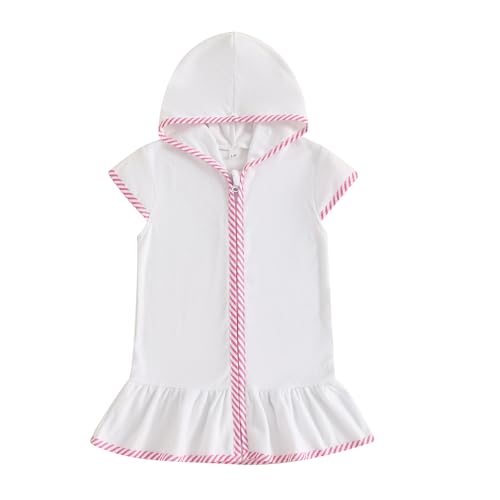 Girls Hooded Terry Coverups One Piece Swimsuits Beach Stripe Trim Zip Up Fly Sleeve Swim Cover Up Swimwear