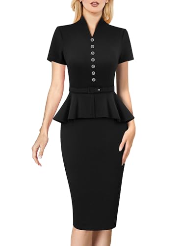 VFSHOW Womens V Neck Belted Peplum Button Office Business Work Vintage Cocktail Church Slim Fit Pencil Sheath Dress