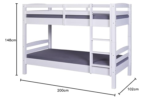 Inter Link – Etagenbett – Hochbett – Jugendbett - Rausfallschutz – Stockbett – Kinderbett – Mit 2 Lattenroste – Kiefer massivholz – Rick - Weiß lackiert – 90x190 cm