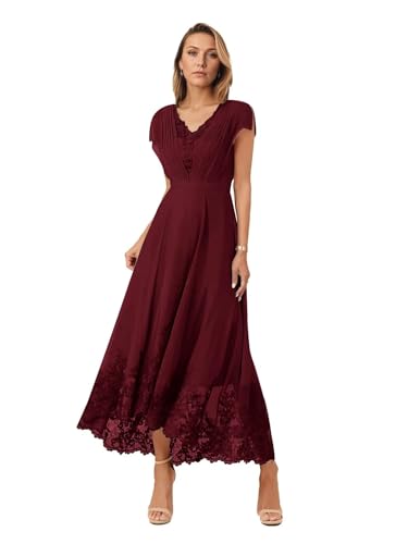 Cudiew Chiffon Mother of Bride Dresses Tea Length for Women Lace Applique Short Cap Sleeves Formal Cocktail Party Gowns