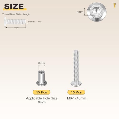 Image of METALLIXITY Crib Screws Replacement Set(M6-1x40mm) 30Pcs, Stainless Steel Connector Bolts M6 Screw Barrel Nuts Binding Screws, for Chair Cabinet Bed, Silver