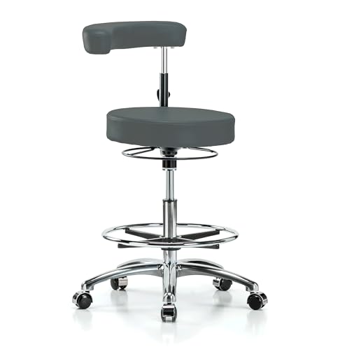 Image of Perch Chrome Rolling Dental Stool Adjustable Height with Procedure Arm and Foot Ring | Medium Bench Height 22.5-28 inch | Charcoal Vinyl