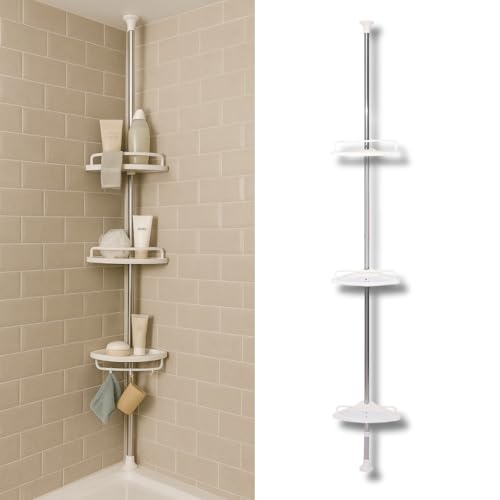 Telescopic Shower Caddy with Tension Pole 3-Tier Corner Bathroom Organizer Rust-Resistant Adjustable 100240cm White Shelves with Hooks No-Drill Twist-Lock Storage for Toiletries