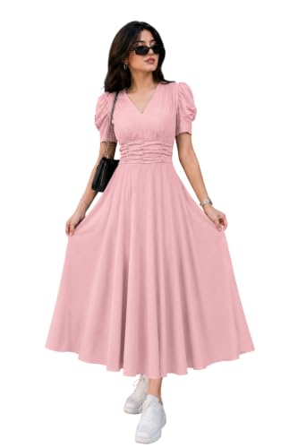 Image of Preneum Girl's & Women's Solid Color V-Neck A-Line Maxi Dress for Women | New Year Party Outfit | Waist Cinched Puff Sleeve Western | Elegant Casual Wear (Availble in Plus Size)