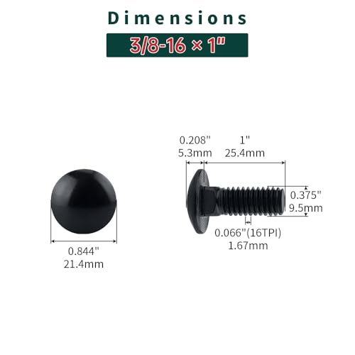Image of 3 /8-16 x 1 Black Carriage Bolts with Nuts and Washers Kits (10 Sets), 304 Stainless Steel 18 /8, Black Finish, Round Head, Square Neck, Heavy Duty Bolts, Indoor Outdoor Fastening Bolts, Fayeploo