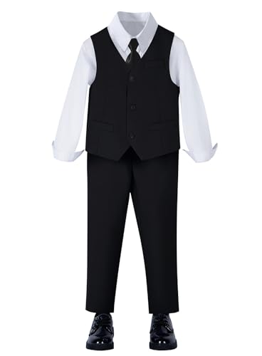 Image of YuanLu Toddler Boys Formal Suits Set,Vest Pants Dress Shirt and Tie for Kids Boy Wedding Ring Bearer Oufit