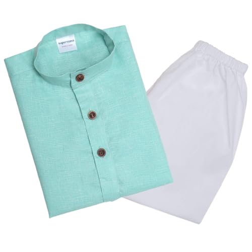 Image of superminis Baby Boys Ethnic Wear Cotton Kurta Pyjama Set With Wooden Button (Green, 9-10 Years)