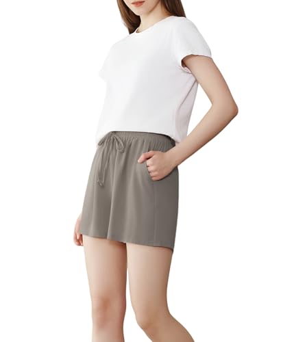 Pantalón Culotte Mujer Verano Ligero y Fresco – Corte Ancho, Cintura Elástica con Cordón, Bolsillos Laterales (LY129-Brown, S-M)