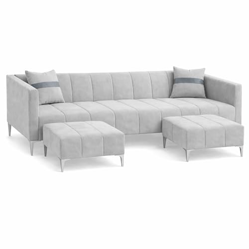 Image of Solomon 6 Seater L Shape Sofa Set with 2 Movable Ottoman | Flexible Left or Right Layout | Luxe Velvet Suede Fabric | Comfortable Seating | Modern Sofa for Living Room - Light Grey