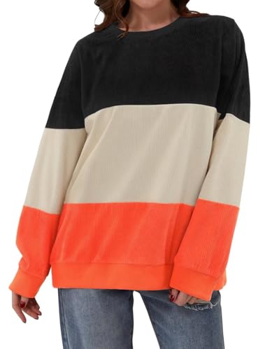 KISSMODA Women's Casual Long Sleeve Sweatshirt Color Block/Solid Crewneck Corduroy Pullover Cute Tops