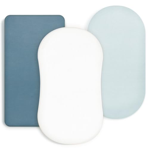 Image of GRSSDER Stretchy Ultra Soft Fitted Bassinet Sheet 3 Pack, Universal Fit for Bassinets Baby Cradle Moses Basket Oval Rectangle Mattress Safe and Snug, Jersey Bassinet Sheets for Girls, White/Blue