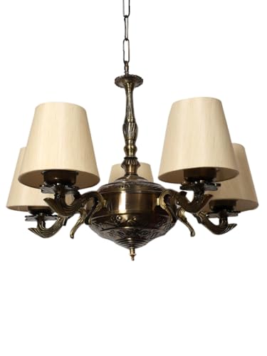 Image of Devansh 05 Lights conical Off-White Cotton Shade with Antique Golden Chandelier