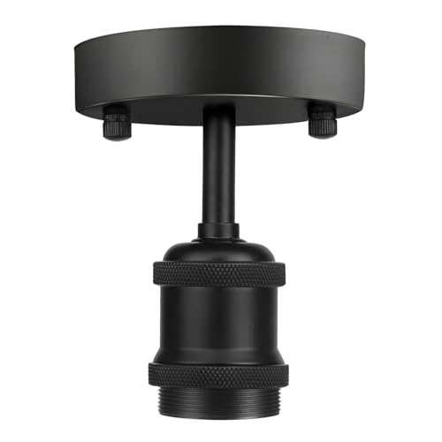 Single Head Semi Flush Mount Ceiling Light, Retro E27 Lamp Ceramic Holder, Industrial Kitchen Ceiling Light Fixture (Black)
