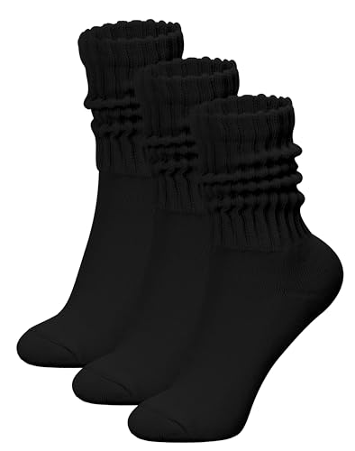 Scrunch Crew Socks Women 3 Pack Padded Cotton Slouch Socks Retro Ribbed Thick Mid Calf Socks Size 9-11