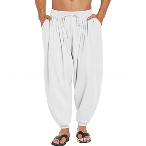 JEShifangjiusu Mens Loose Hippie Drop Crotch Trouser Hippie Boho Aladin Yoga Trousers Old School Cool Harem Pants (White#,Small)