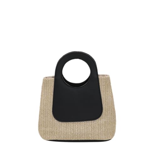 Bolso tote retro de paja para mujer, bolso de mano tejido con bloques de color, bolso grande con asas superiores y bandolera para primavera y verano miniatura 1