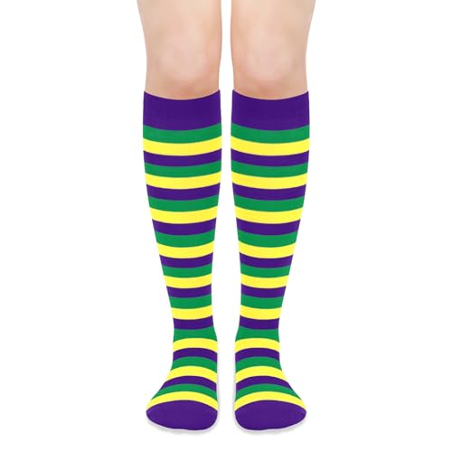 Sarfel Mardi Gras Socks Women Sexy Mardi Gras Outfit for Women Striped Socks Knee High Womens Jester Costume Carnival Costume
