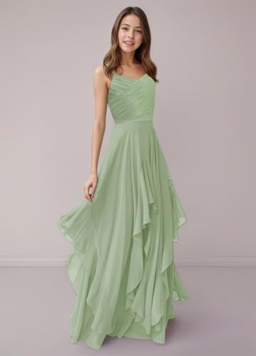 Girl Halter Junior Bridesmaid Dresses Chiffon A-Lin Pleated Maxi Dress Cascading Ruffles Wedding Party Pageant Gowns2