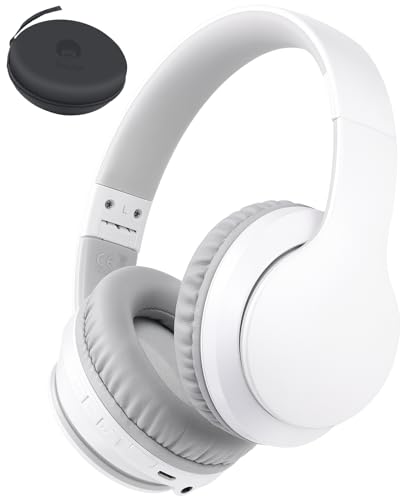 Rockpapa E7 Wireless Headphones Over Ear, Kids Bluetooth Headphones with Microphone, Foldable Hi-Fi Stereo, Wireless Wired Head phones for Phone/PC/TV, Include Travel Case, White Grey