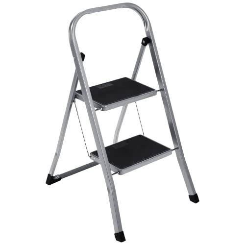 Trittleiter 2 Stufen Leiter Klapptritt Klappleiter Klapptreppe Tritt Haushaltstritt Stehleiter Sprossenleiter klappbar faltbar bis 150 kg (2 Stufen, Silber/schwarz)