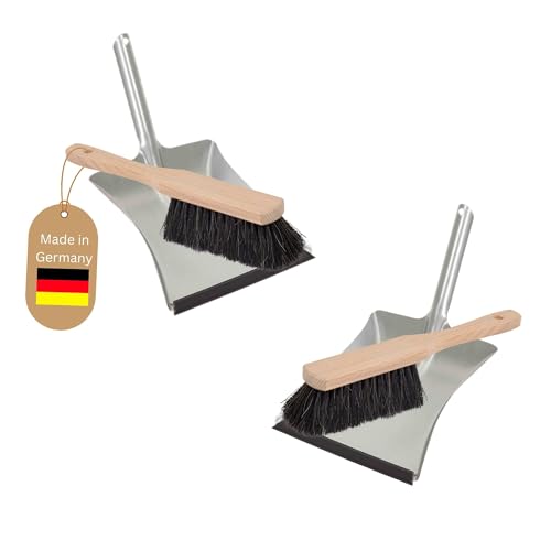 Novaliv 2X Kehrblech Set Kehrblechgarnitur Handfeger ROSSHAAR und Kehrblech mit Gummilippe Silber verzinkt Kehrblechbesen zum Aufkehren Handkehrset Kehrblechset Kehrschaufel Feger und Kehrblech
