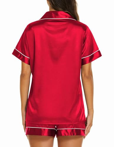 Image of Ekouaer Silk Pajamas for Women Short Sleeve Sleepwear Soft Button Down Loungewear 2 Piece Satin Pjs Shorts Set