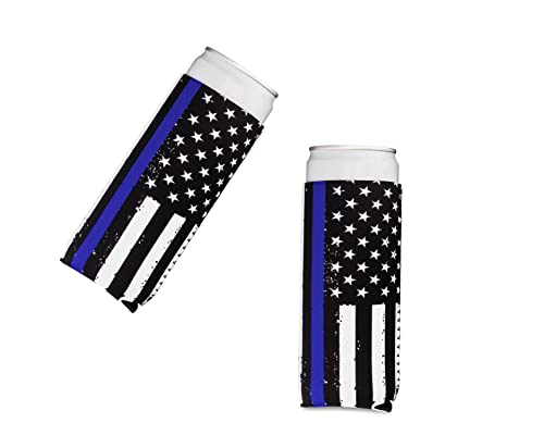 Great 1 Thin Blue Line Collapsible Beer and Seltzer Can Beverage Cooler Sleeves - 2 Pack - Tall Slim Size 12 oz - 3mm Thick Insulated Neoprene - Police Law Enforcement