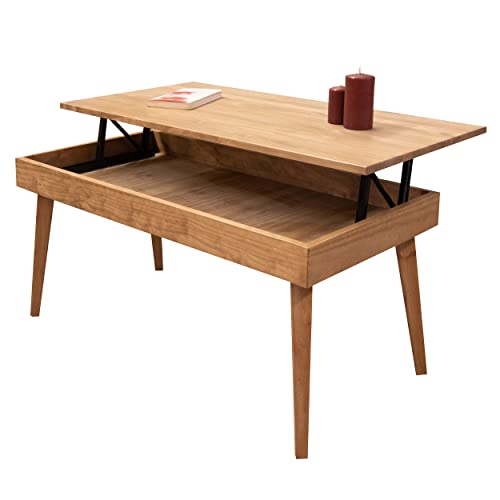 LoMasCasa - Mesa de Centro Elevable con Cajón Modelo Karol de Estilo Vintage con Acabado Madera Fabricada en Madera Natural Maciza de Pino con Medidas: 100 x 50 x 47 cm