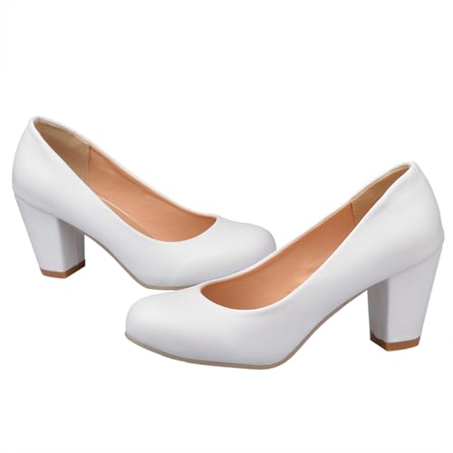 Women Chunky Block High Heels Wide Width Leather Round Toe Slip-on Pumps Wedding Party Dress 2.76 Inches Heels Shoes