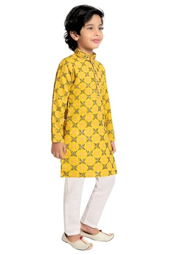 Image of TinySteps Boys' Ethnic Wear - Cotton Lakhnavi Chikan Kurta with Golden Sequence Work and Elastic Waist White Cotton Pajama - Festive & Wedding Outfit