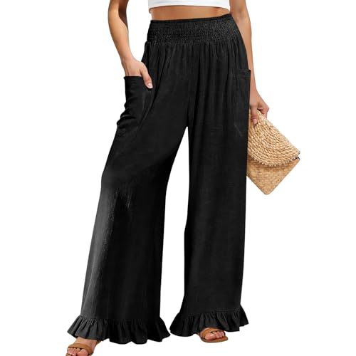 Image of Palazzo Pants for Women Linen Smocked Elastic Waist Ruffle Wide Leg Pants Summer Beach Flowy Boho Pant with Pockets