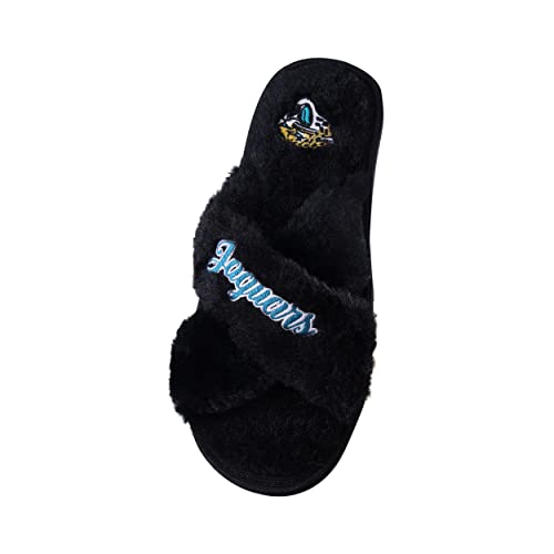 Image of FOCO Womens NFL Team Script Wordmark Fuzzy Cross Slide Slippers