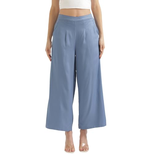 Image of SAADAA Palazzo Pants for Women Half-Elasticated Waistband | Palazzo for Women in Soft Viscose Fabric | Regular Fit with Mid Rise Waist & Deep Pockets | Versatile for Formal & Casual Wear