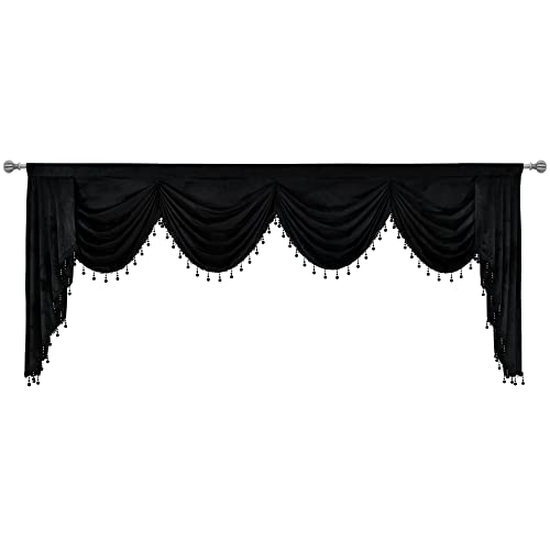 Oyring Black Rod Pocket Velvet Window Curtains Valance For Living Room - Large Waterfall Valance For Bedroom (1 Panel, Black, W110) #TOP2