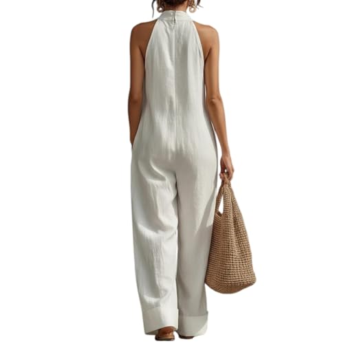 Mono de lino para mujer con cuello halter y pernera ancha 3