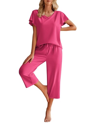Image of Ekouaer Womens Cotton Pajamas Sets Short Sleeve Capri Pants with Pockets