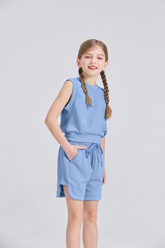 Image of Girls 2 Piece Outfits 2025 Trendy Clothes Summer Cute Sleeveless Tops Shorts Clothing Sets Activewear
