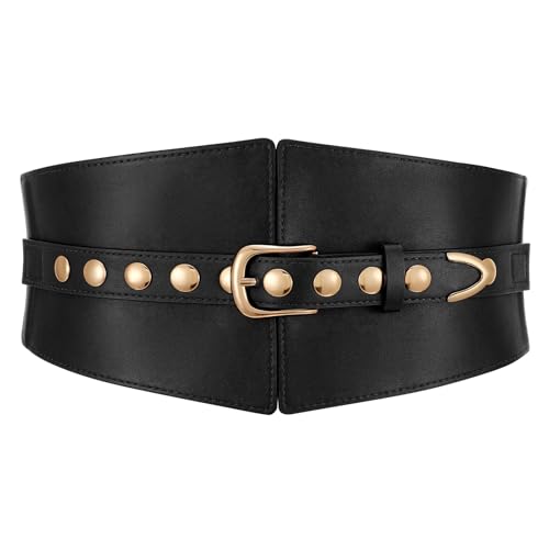 Wide Waist Belt Women Elastic Chunky Stretchy Elegance Belt with Gold Rivets Buckle for Daily Costume