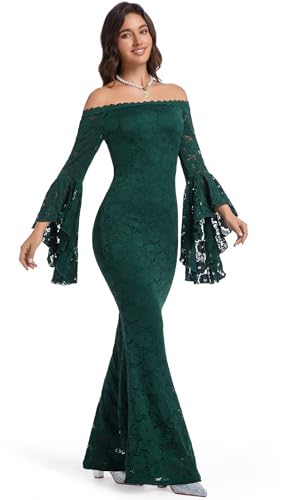 Image of HOYISHION Women's Off The Shoulder Floral Lace Maxi Dress White Bridesmaid Wedding Party Maternity Photoshoot Long Dresses