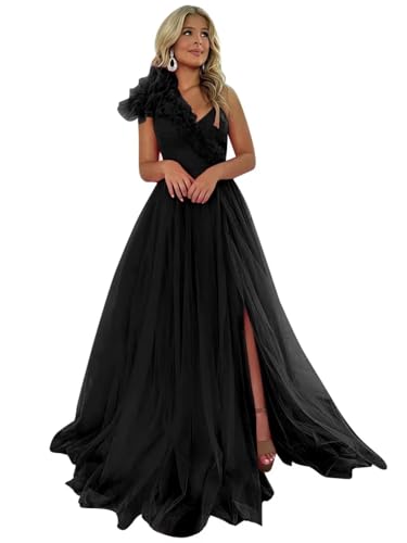 Women's Fashion Ruched Prom Dress A Line Sleeveless One Shoulder Maxi Drawstring Formal Wedding Guest Dresses Black US4