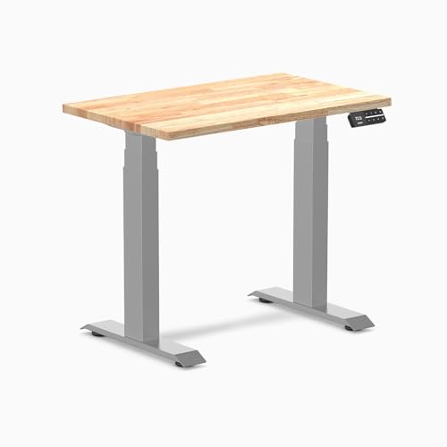 Image of Desky Small Electric Standing Desk, 32 x 20 inches Rubberwood Height Adjustable Sit Stand Desk with Dual Motor and Memory Presets, Compact Home Office Workstation - Natural Wood Top