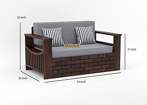 Image of Douceur Furnitures Solid Sheesham Wood Wooden Frame Two 2 Seater Sofa Cum Bed for Living Room,Hotels,Apartment & Hall | Finish:-Rich Walnut | Cushion:-Ash-Grey