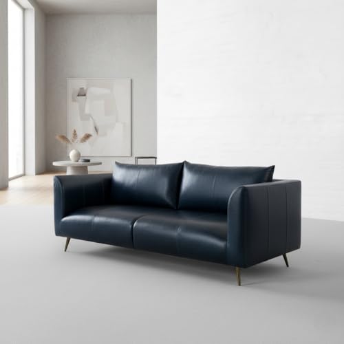 Image of Premium Leatherette Sofa for Living Room | Modern Upholstered 3 Seater | Contemporary Designer Couch for Home, Lounge & Reception Areas | Navy Blue | W-72 x D-33 x H-30