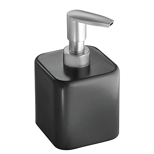 mDesign Compact Square Metal Refillable Liquid Soap Dispenser Pump Bottle for Bathroom Countertop, Kitchen Sink; Holds Hand Soap, Dish Soap, Essential Oil - Unity Collection - Black/Brushed
